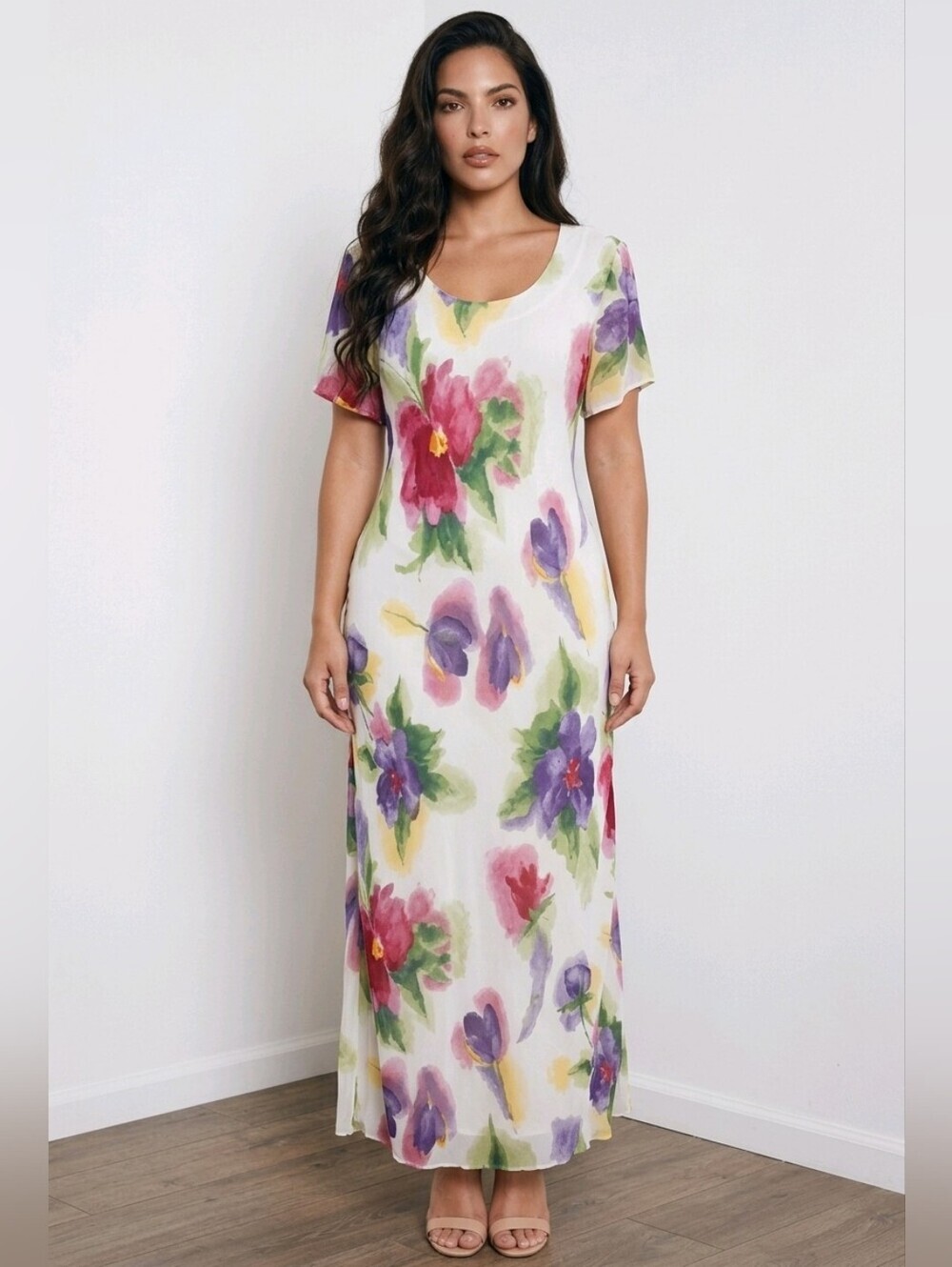 VTG Pastel Yellow Spring Floral Chic Maxi Dress Sz 14 Jeffrey & Dara Lined